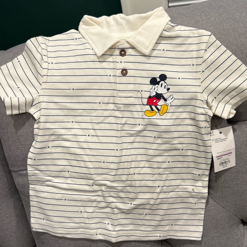 NWT - Disney White Striped Polo Shirt with Mickey Design - 4T